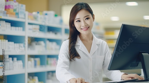 Female pharmacist in pharmacy at workplace near computer and shelves with medicines