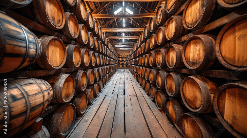 Whiskey bourbon scotch wine barrels in an aging facility
Whiskey bourbon scotch wine barrels in an aging facility