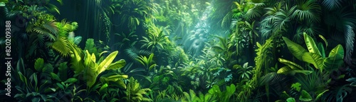 Dense jungle, vibrant green, detailed foliage, exotic and wild, high resolution, digital painting photo