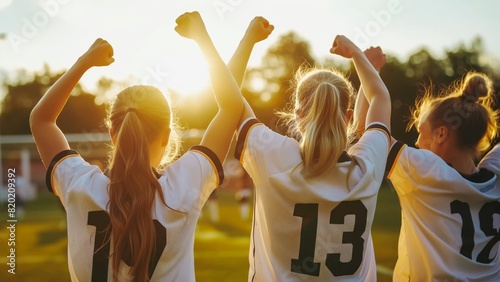 Group of young female soccer players celebrating victory from behind 