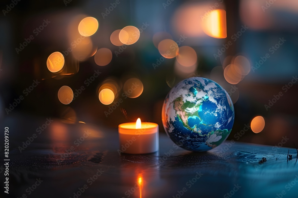 Candle and little Earth globe on wooden table Candle and little Earth globe on wooden table