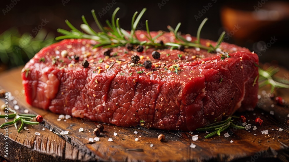 Raw rib eye beef steak with pepper and herbs on a wooden background in a butcher shop Raw rib eye beef steak with pepper and herbs on a wooden background in a butcher shop