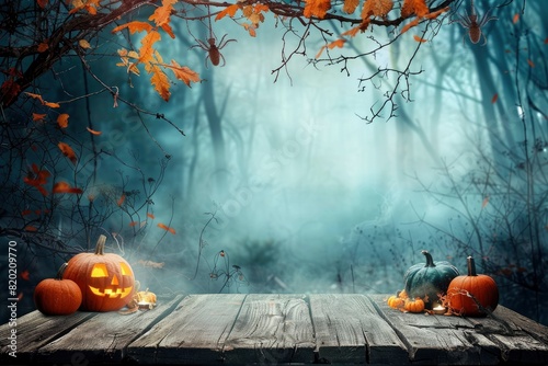 Halloween background. Spooky forest with dead trees and pumpkins and wooden table. Wood table. Halloween design with pumpkins - Generative Ai photo