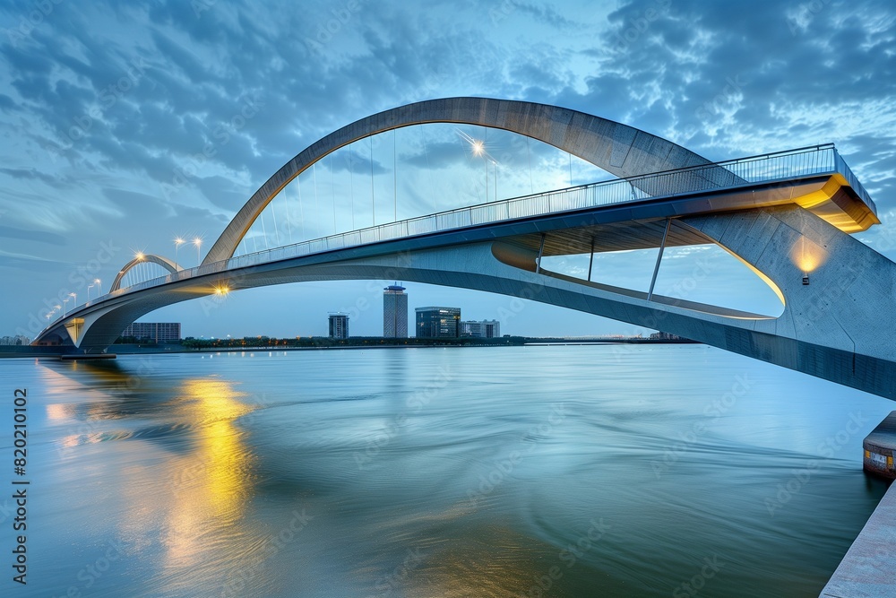 Obraz premium : A striking, modern bridge with a sleek, arched design and integrated lighting, spanning a wide river with a city skyline in the background.
