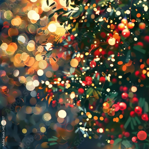 Holiday decorations with bokeh lights, festive, bright colors, digital illustration, cheerful and joyful