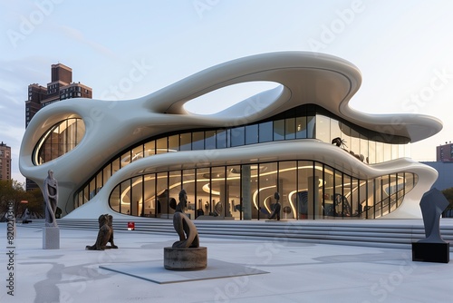 : An ultramodern museum with an organic, flowing design and large open spaces, located in an urban setting with sculptures and art installations around it.