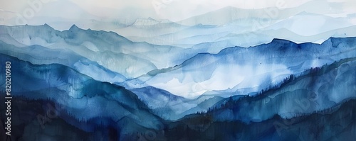 Mountain landscape, twilight hues, watercolor painting, serene, ethereal