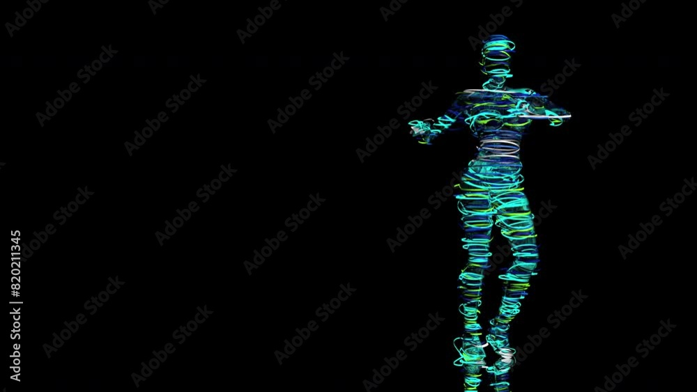 Figure of a woman made up of cyan, blue and green luminous ribbons dancing