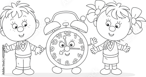 Happy little children and a funny alarm clock cartoony character, friendly smiling, merrily ringing and waving in greeting, black and white vector cartoon illustration for a coloring book