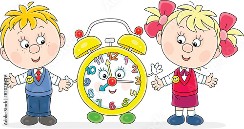Happy little children and a funny alarm clock cartoony character, friendly smiling, merrily ringing and waving in greeting, vector cartoon illustration on a white background