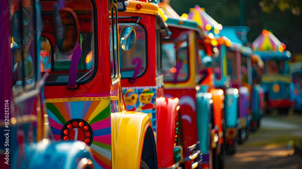 A row of brightly painted holiday buses at a summer festival.