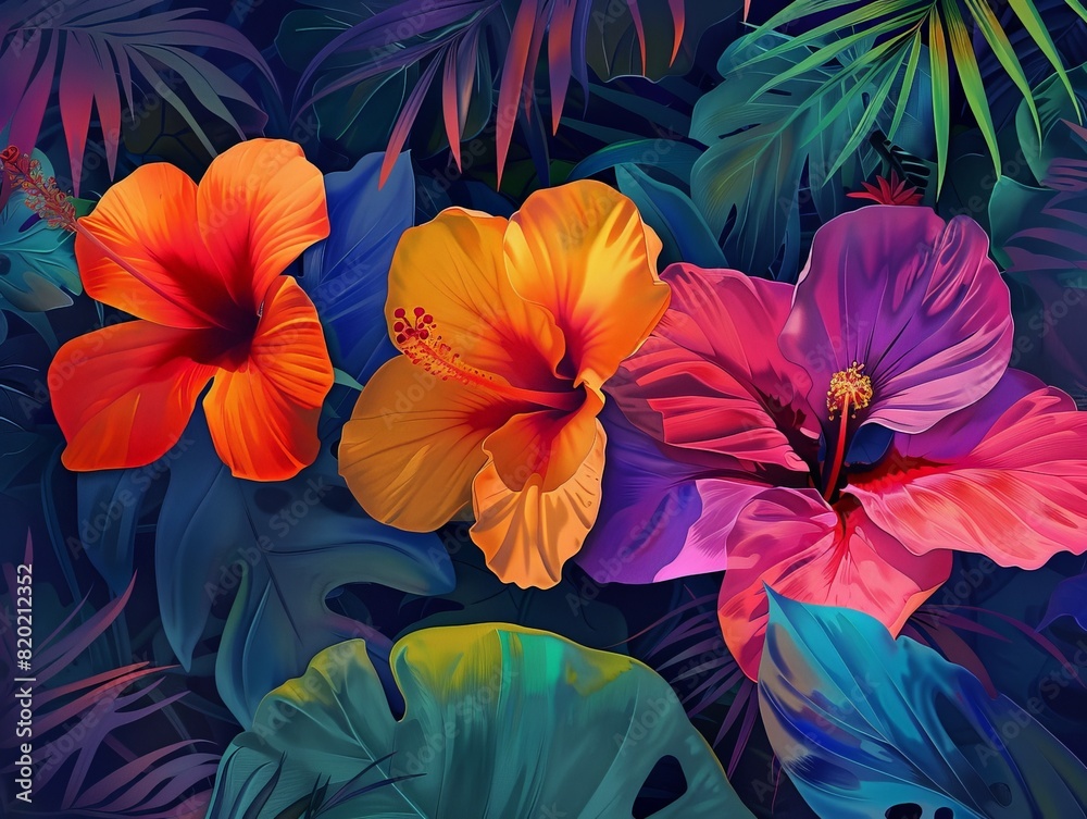 Tropical flowers, bright colors, digital painting, exotic, high contrast Tropical flowers, bright colors, digital painting, exotic, high contrast