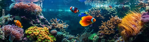Tropical fish swimming in a vibrant aquarium, colorful corals and plants, clear water, high detail, realistic style, underwater view photo