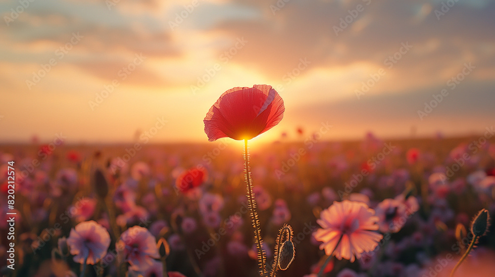Obraz premium red poppy flowers in the field at sunset in summer