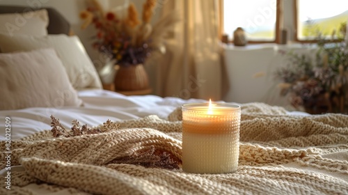 home fragrance trends, a fragrant candle on a bedside table provides a variety of scents for a cozy and inviting atmosphere in the home