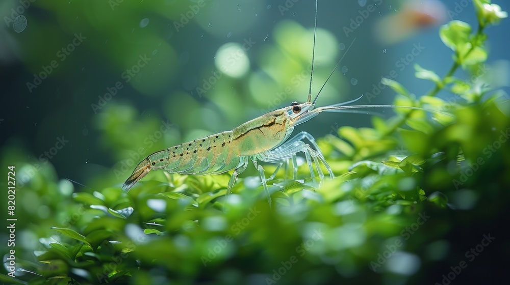 Naklejka premium Shrimp in a aquarium walking near a marimo moss algae Freshwater amano shrimp eating Algae slow motion macro shot. 