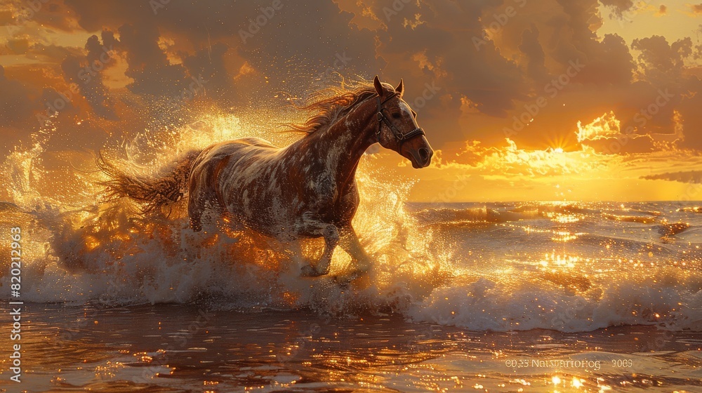 Serene Sunset Horse Ride on Beach - Realistic Painting with Golden Light and Crashing Waves Serene Sunset Horse Ride on Beach - Realistic Painting with Golden Light and Crashing Waves