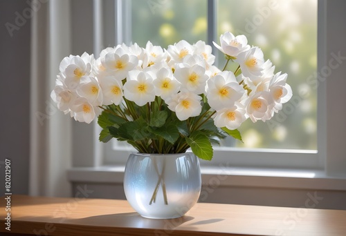 Dainty, pale Begonia petals neatly arranged in a minimalist, off-white ceramic vase resting on a smooth, oak wood table overlooking a luminous window