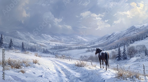 Serene Horseback Ride in Snowy Mountain: Oil Painting of Calm Winter Scene with Horse, Soft Snowfall, and Cool Tones © Pittaya