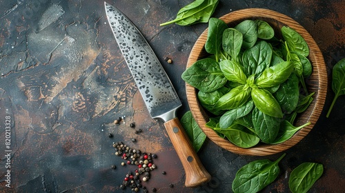  Wooden bowl with spinach on cutting board with knife and pepper shaker nearby photo
