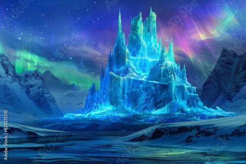 A majestic ice castle glistening under the northern lights, fantasy, vibrant colors, digital art, magical and cold