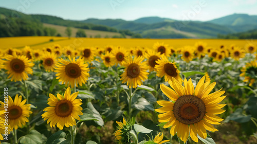 field of yellow sunflowers in summer at sunshine