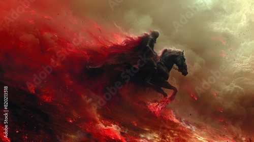 Blood-Red Stallion of War  Dark Fantasy Illustration of a Majestic Horse Charging Through a Battlefield with Swirling Crimson Mist