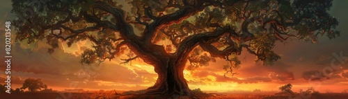 A majestic oak tree with sprawling branches, set against a sunset backdrop, realism, warm colors, high detail, tranquil atmosphere