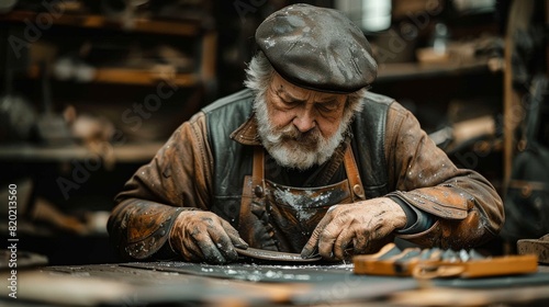 Master Farrier Crafting Sepia-Toned Horse Shoe in Dramatic Blacksmith Workshop Setting