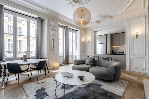 Elegant living room interior design with plentiful furniture abundant windows