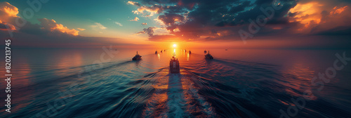 yachts sail towards the sunset, summer concept