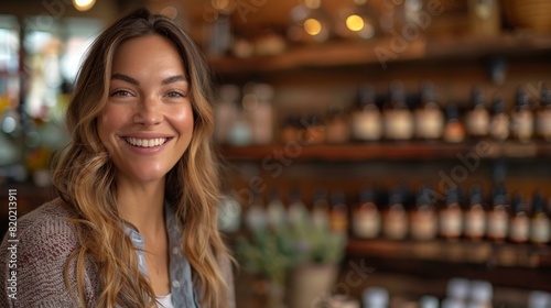 multicultural aromatherapy consultation, a happy white woman learning about aromatherapy from a skilled south asian therapist in a serene spa, shelves of essential oils in the background