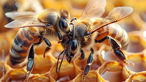   A detailed photo of a bee in a hive surrounded by sweet golden honey