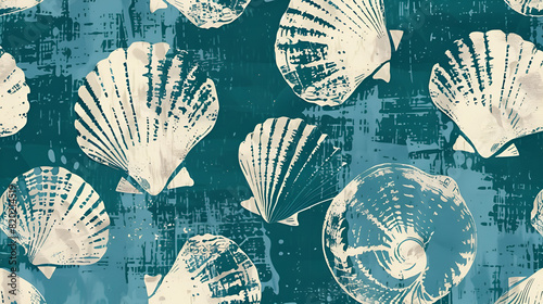 Aegean Teal seashell nautical sealife seamless pattern. Grunge distress faded linen effect background for marine home decor fabric textiles.  photo