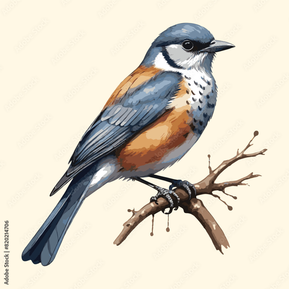 Obraz premium Watercolor Bird Sitting on a Branch Illustration