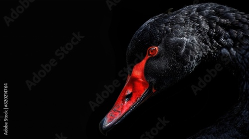 Fototapeta Naklejka Na Ścianę i Meble -  A black swan with a red beak, close-up.