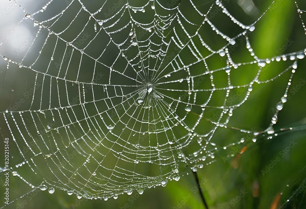 the spider web is covered with water droplets and grass in the background the spider web is covered with water droplets and grass in the background