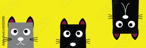 Set of black cats looking out the window. Collection of cartoon cats peeking out the window. Funny peeking pets.