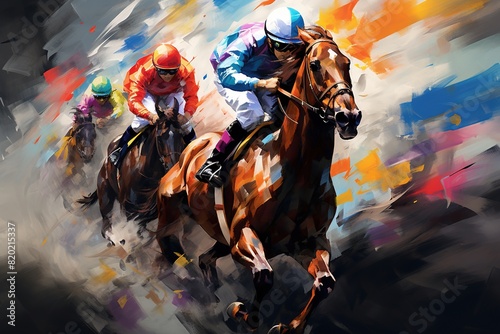Painting of horse racing in action. © Bargais