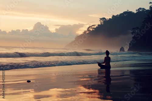 Person Meditating in Yoga Pose on a Quiet Beach at Sunset