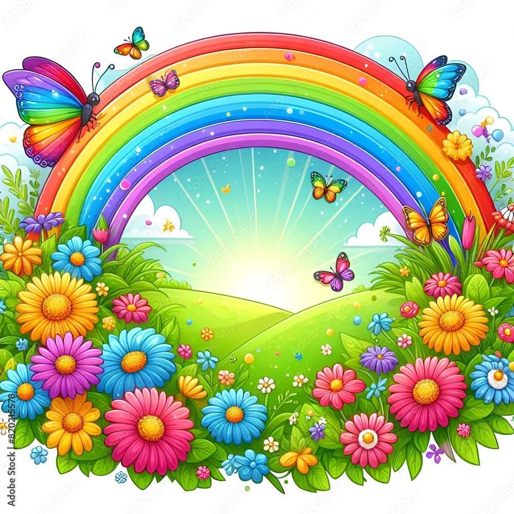 Naklejka premium A colorful rainbow bending over a field of flowers against a blue sky. Cute butterflies and birds fly merrily.