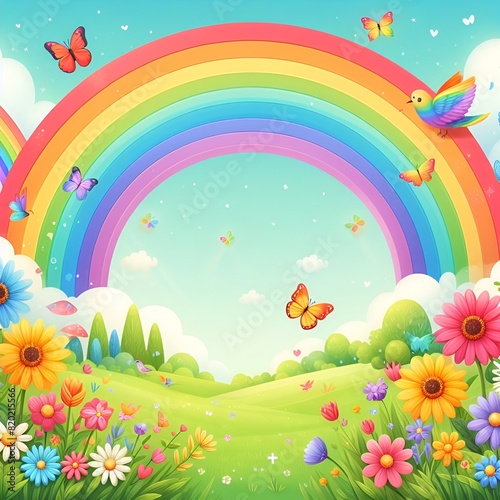 A colorful rainbow bending over a field of flowers against a blue sky. Cute butterflies and birds fly merrily.