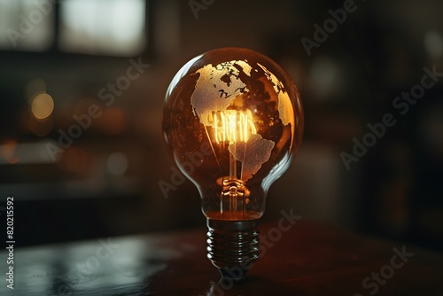 Illuminated light bulb with world map