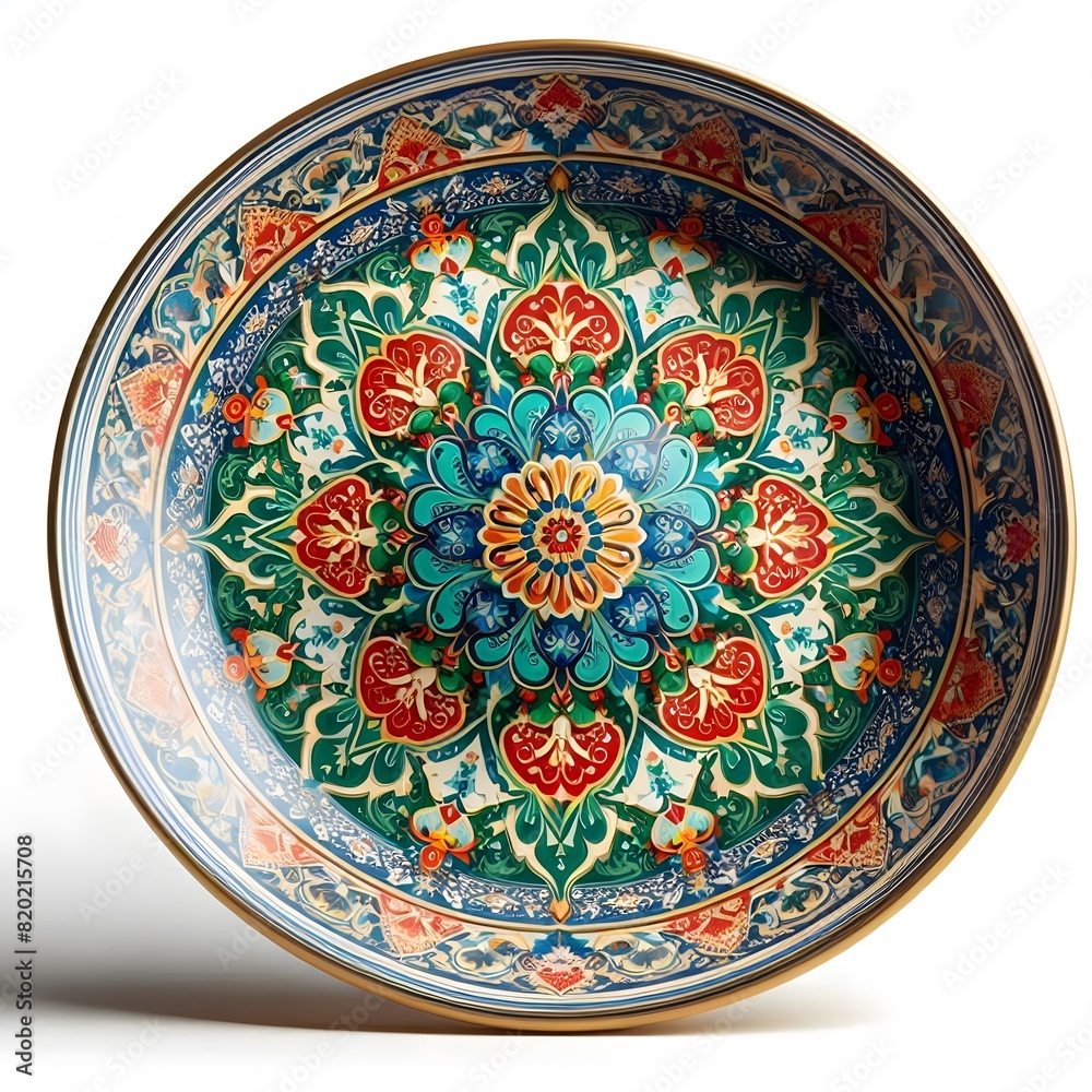 Moroccan ceramic plate painted with vibrant geometric patterns