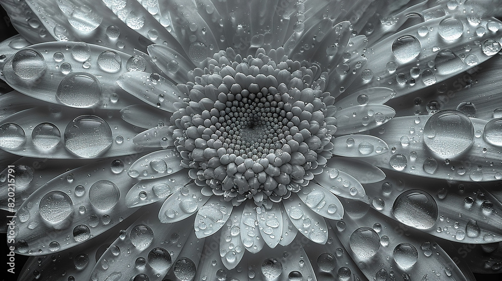 Black & white photo of a large flower w/drops of water on its petals & center Black & white photo of a large flower w/drops of water on its petals & center