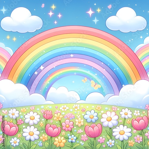 A colorful rainbow bending over a field of flowers against a blue sky. Cute butterflies and hare are having fun under the rainbow.