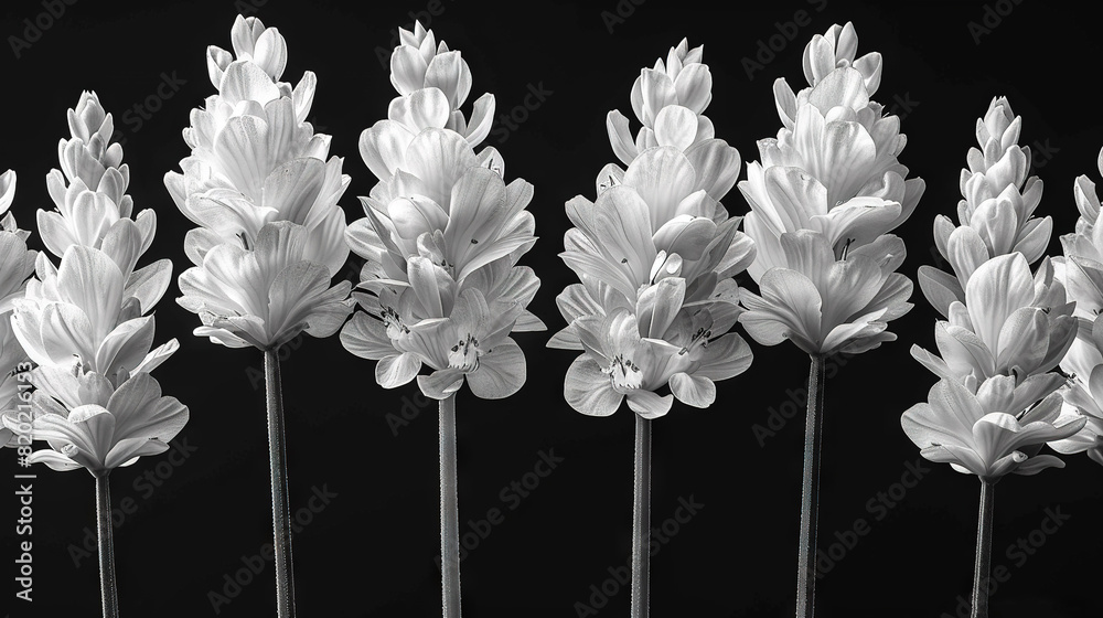 A monochromatic picture of diverse blossoms at varying stages of development A monochromatic picture of diverse blossoms at varying stages of development