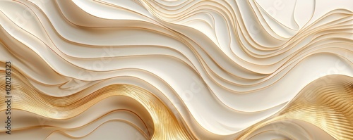 A gold and white abstract painting with a wave pattern
