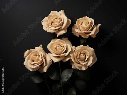 Dark background hosts five beige roses  offering copy space