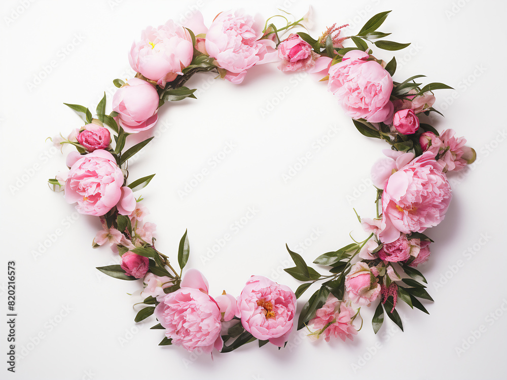 A flat lay presentation of a floral frame featuring pink peonies and eucalyptus on white A flat lay presentation of a floral frame featuring pink peonies and eucalyptus on white